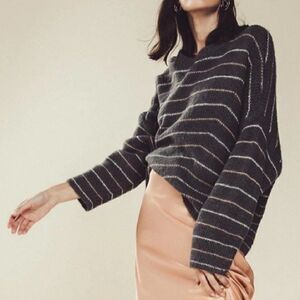 Rag Poets Metallic Stripe Slouchy Sweater Dolman Charcoal Grey Pink M